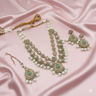 Mehandi Polish Mint Green Kundan & Pearl Necklace Set