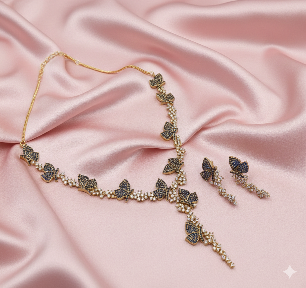 AD Mehndi Polish Black Butterfly Necklace Set