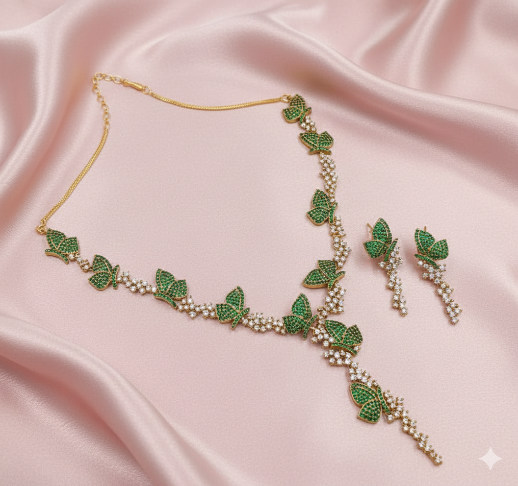 AD Mehndi Polish Green Butterfly Necklace Set