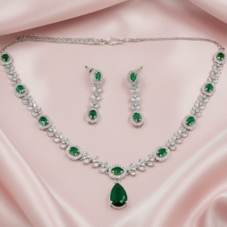 Radiant Leaf-Link American Diamond Necklace Set with Emerald Drop