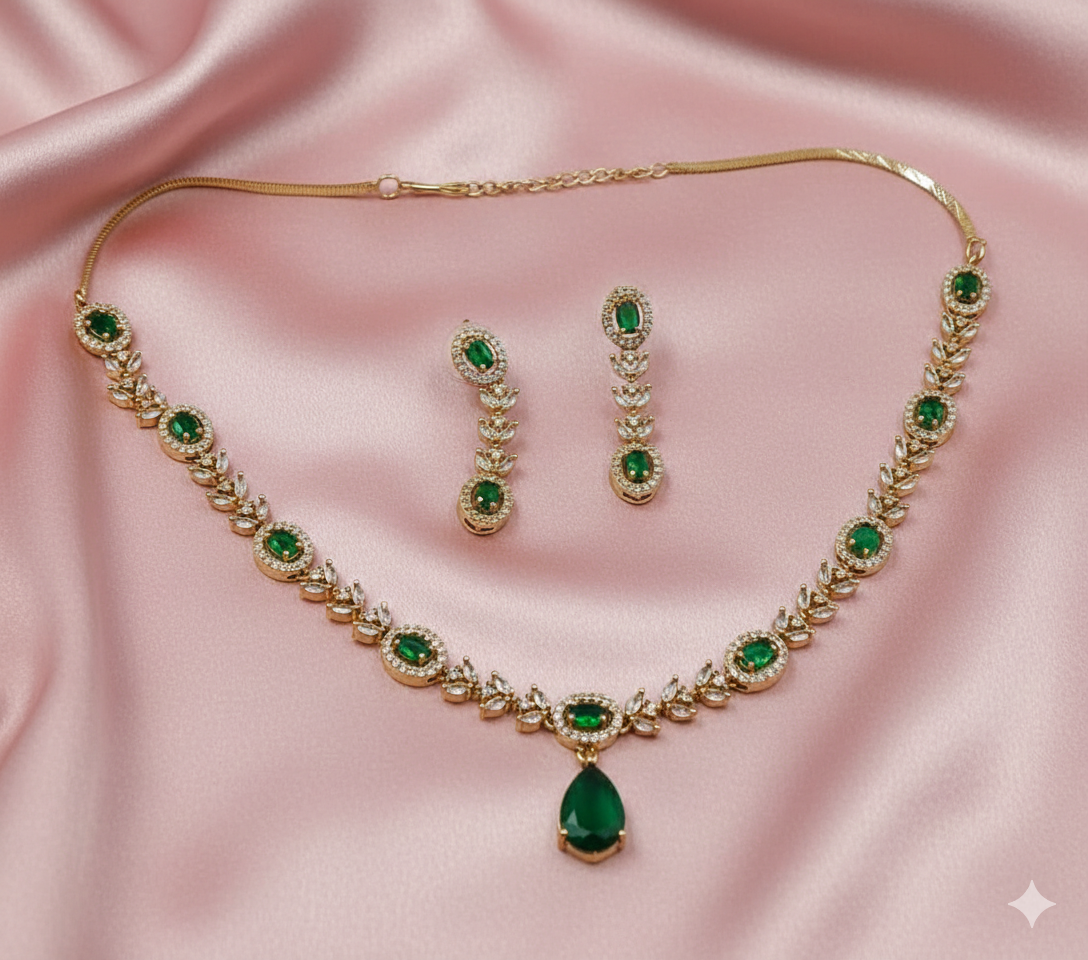 Royal Leaf-Motif American Diamond Necklace Set with Emerald Drop