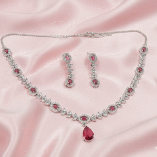 Elegant Leaf-Link American Diamond Necklace Set with Pear-Cut Drop