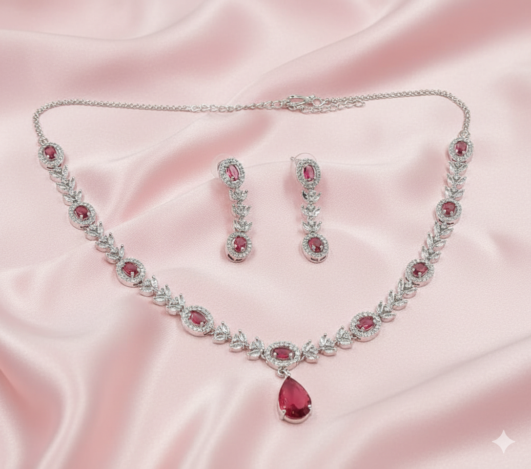 Elegant Leaf-Link American Diamond Necklace Set with Pear-Cut Drop