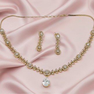 Radiant Leaf-Link American Diamond Necklace Set with Pear-Cut Focal Drop