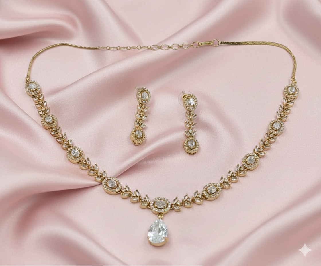 Radiant Leaf-Link American Diamond Necklace Set with Pear-Cut Focal Drop