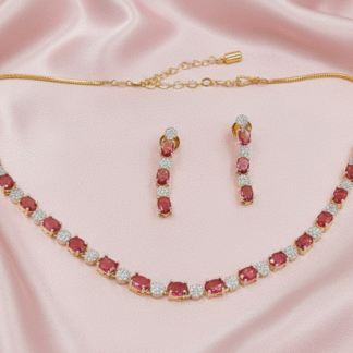Classic Ruby Red AD Gold Necklace Set with Earrings