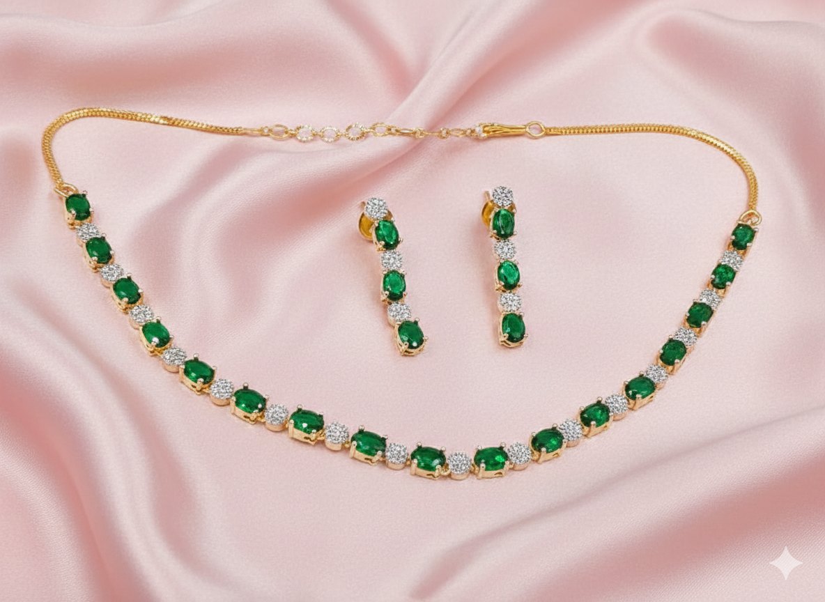 Elegant Emerald Green AD Stone Choker Necklace Set