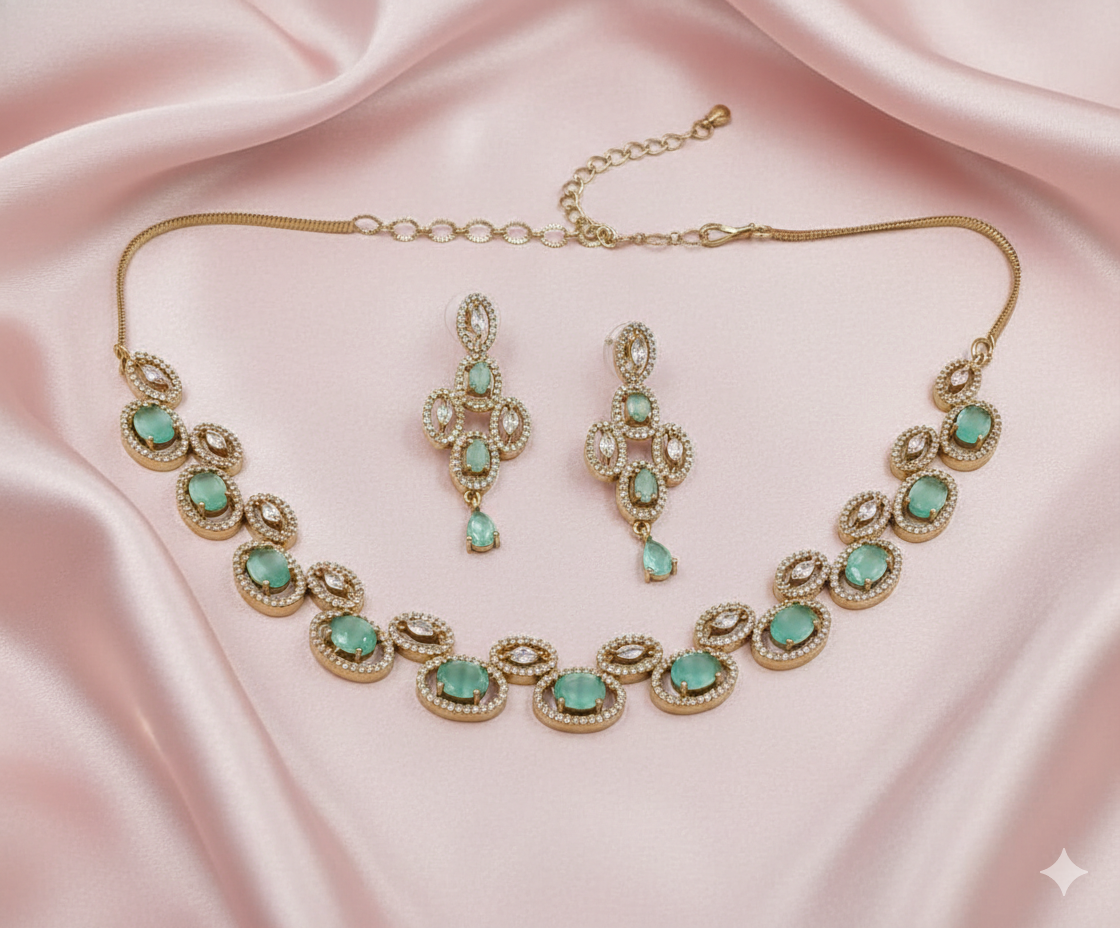 Royal Oval American Diamond Necklace Set with Gemstone Accents