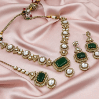 Emerald Green Moissanite Antique Gold Necklace Set