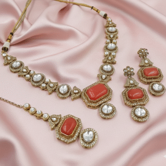 Coral Red Moissanite Antique Gold Necklace Set