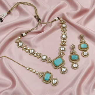 Turquoise Blue Moissanite Antique Gold Necklace Set