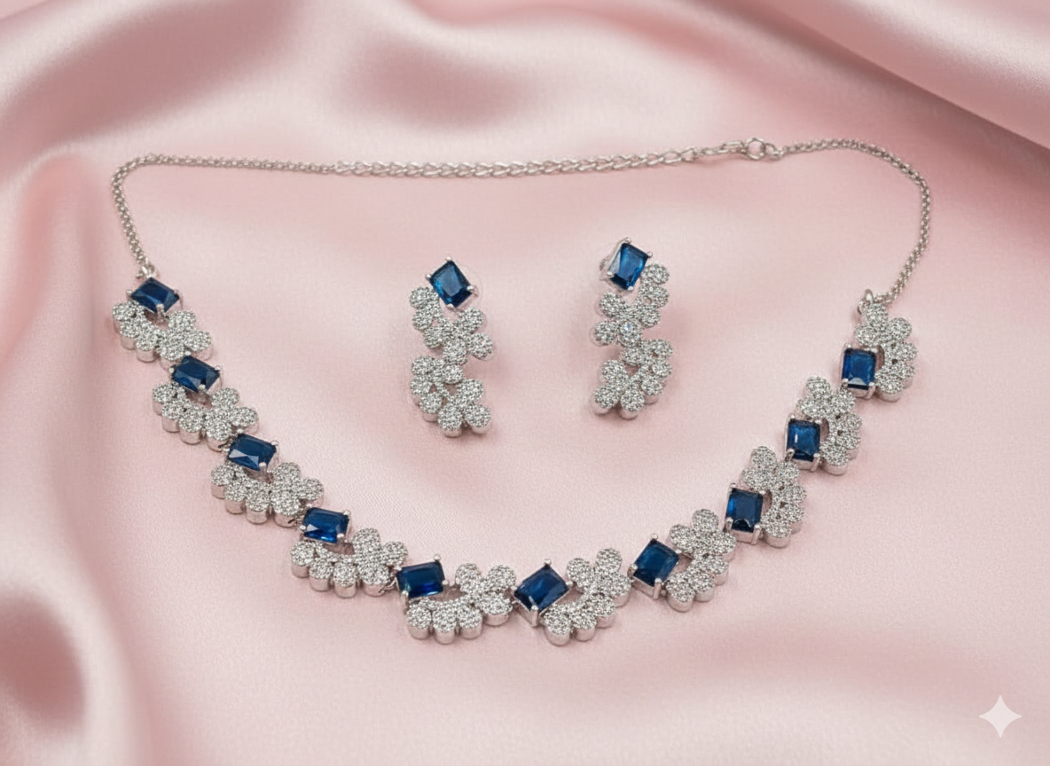 Royal Sapphire Blue AD Floral Necklace Set