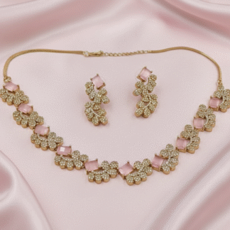 Blush Pink AD Floral Gold Necklace Set