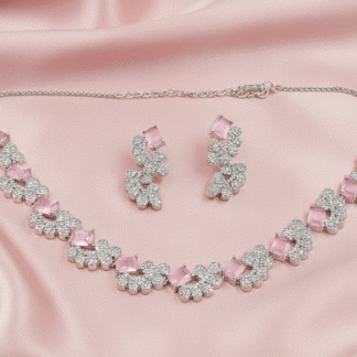 Blush Pink AD Silver Floral Necklace Set