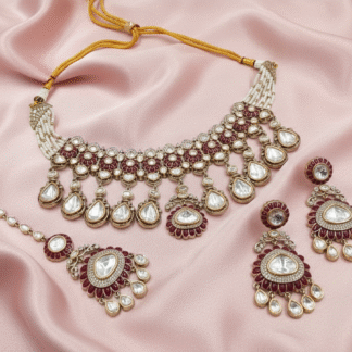 Tyani Maroon Pearl Drop Necklace Set