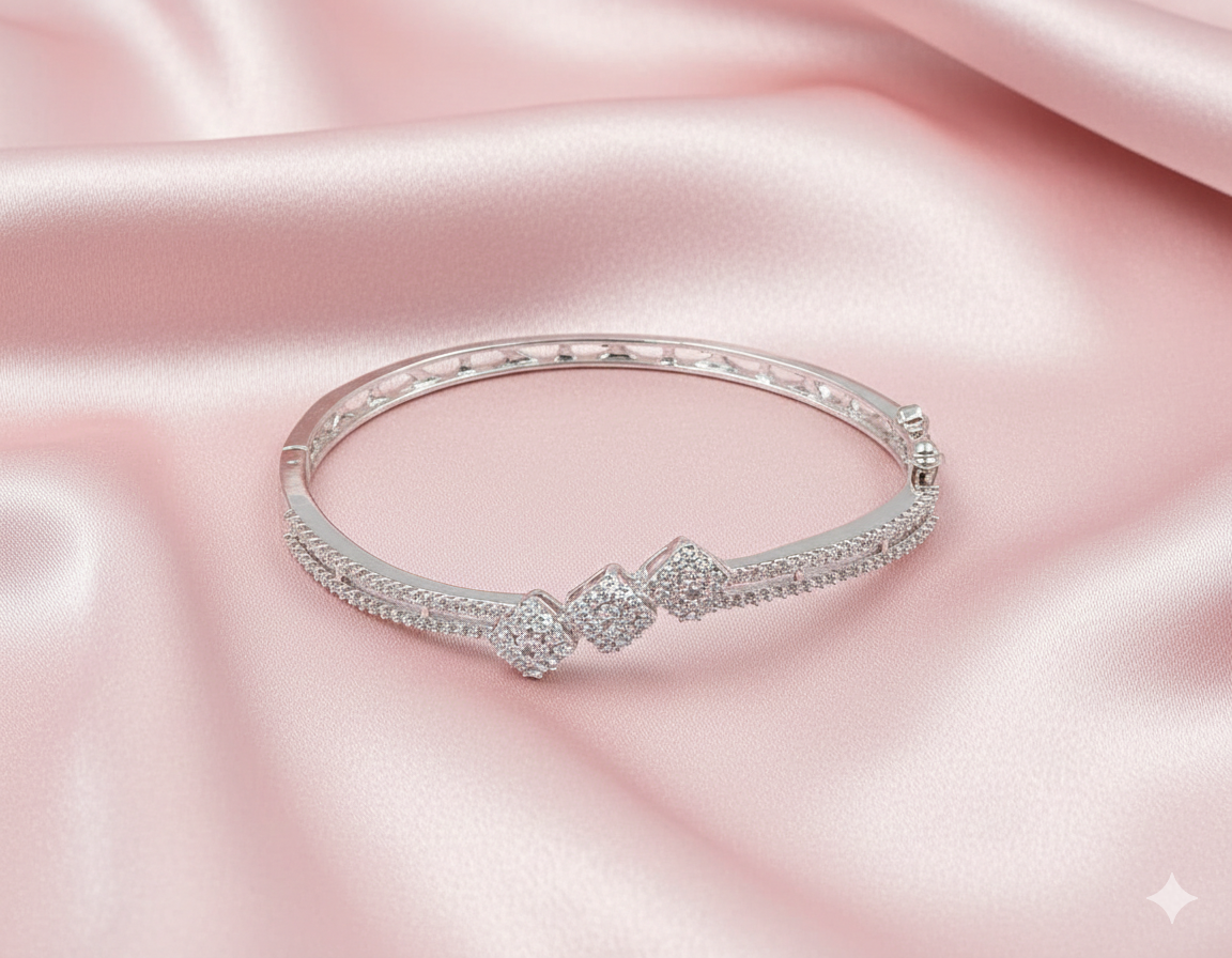 Elegant Silver Finish American Diamond Bracelet with Geometric Trio