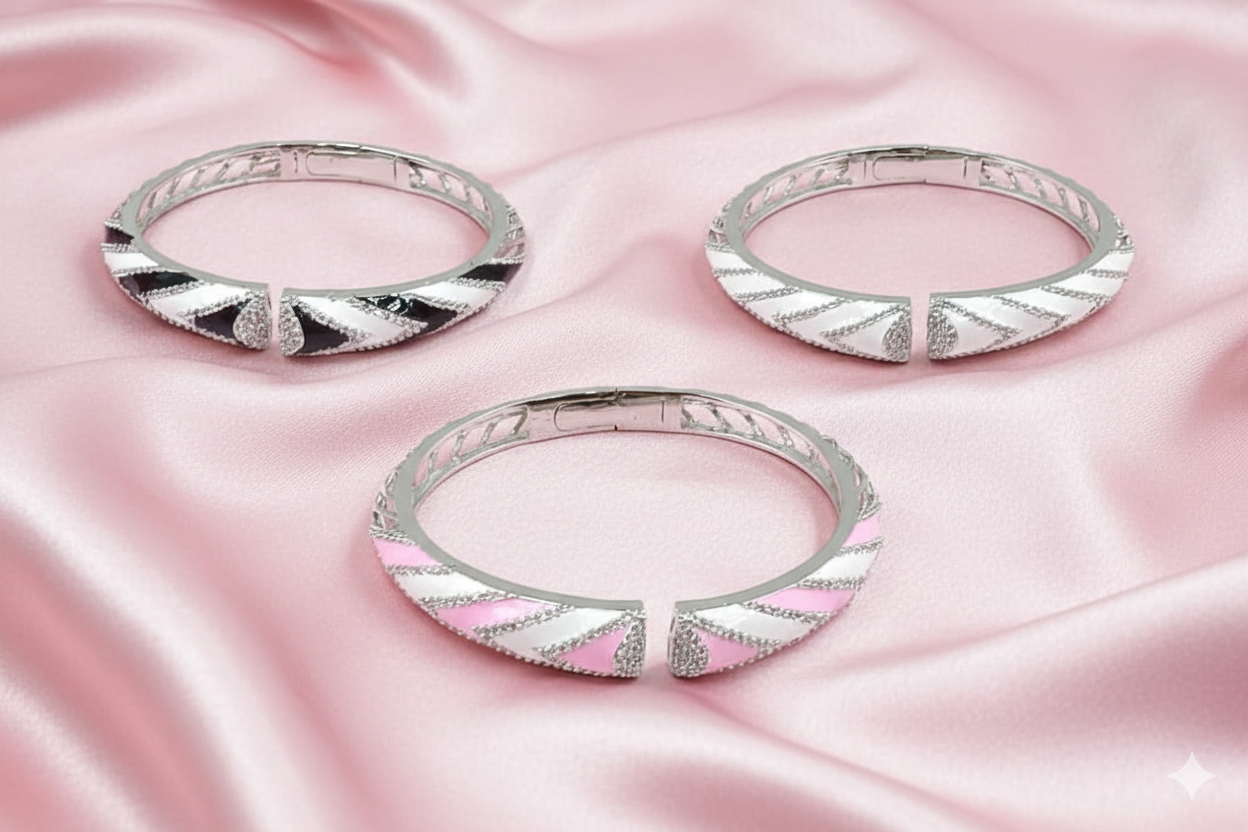 Silver Ornate Lattice American Diamond Statement Wide Kada Bracelet