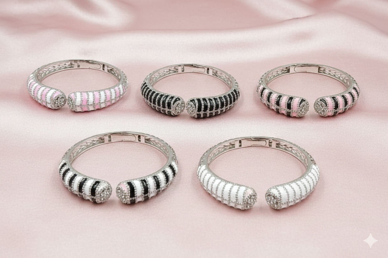 Silver Finish Wide Ornate American Diamond Statement Kada Bracelet