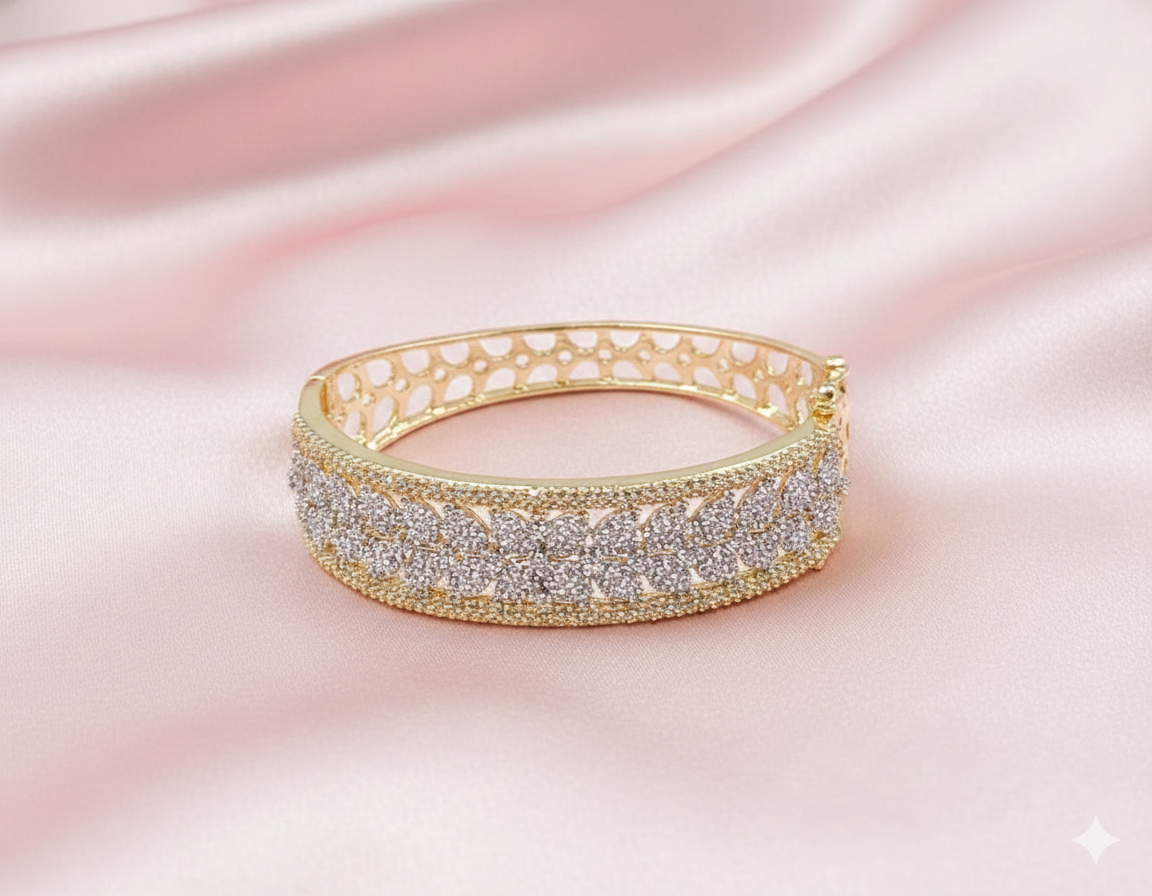Elegant Gold-Plated Broad Floral American Diamond Statement Kada