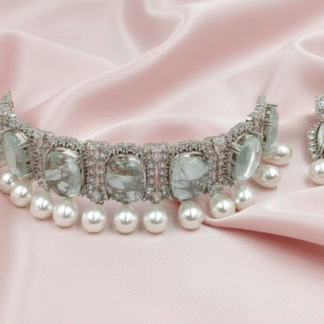 Mint Sage Marbled Choker & Earring Set with Pearl Droplets