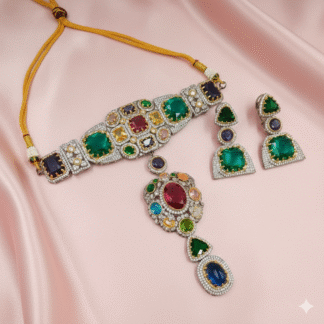 Empress Navratna-Style Grand Pendant Choker & Tiered Earrings