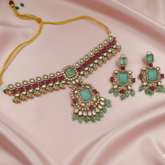 Vrinda Heritage Moissanite Choker Set with Emerald Beadwork