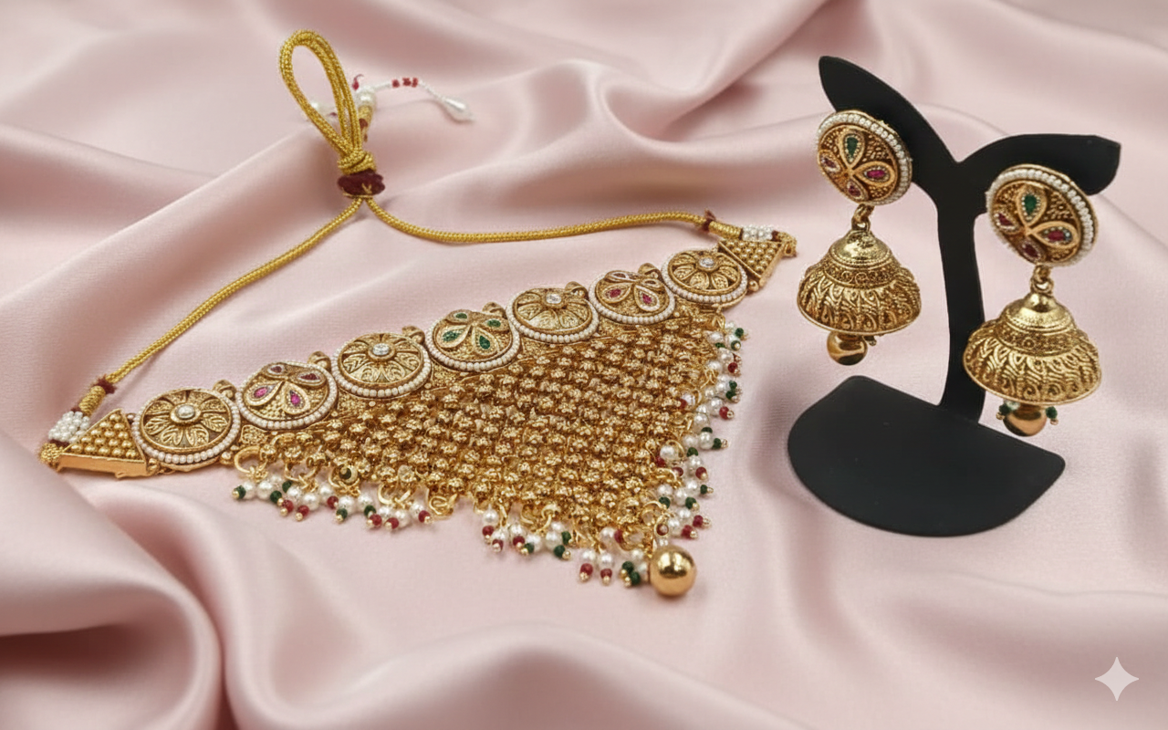 Ornate Gold-Plated Temple Choker and Jhumka Earring Set