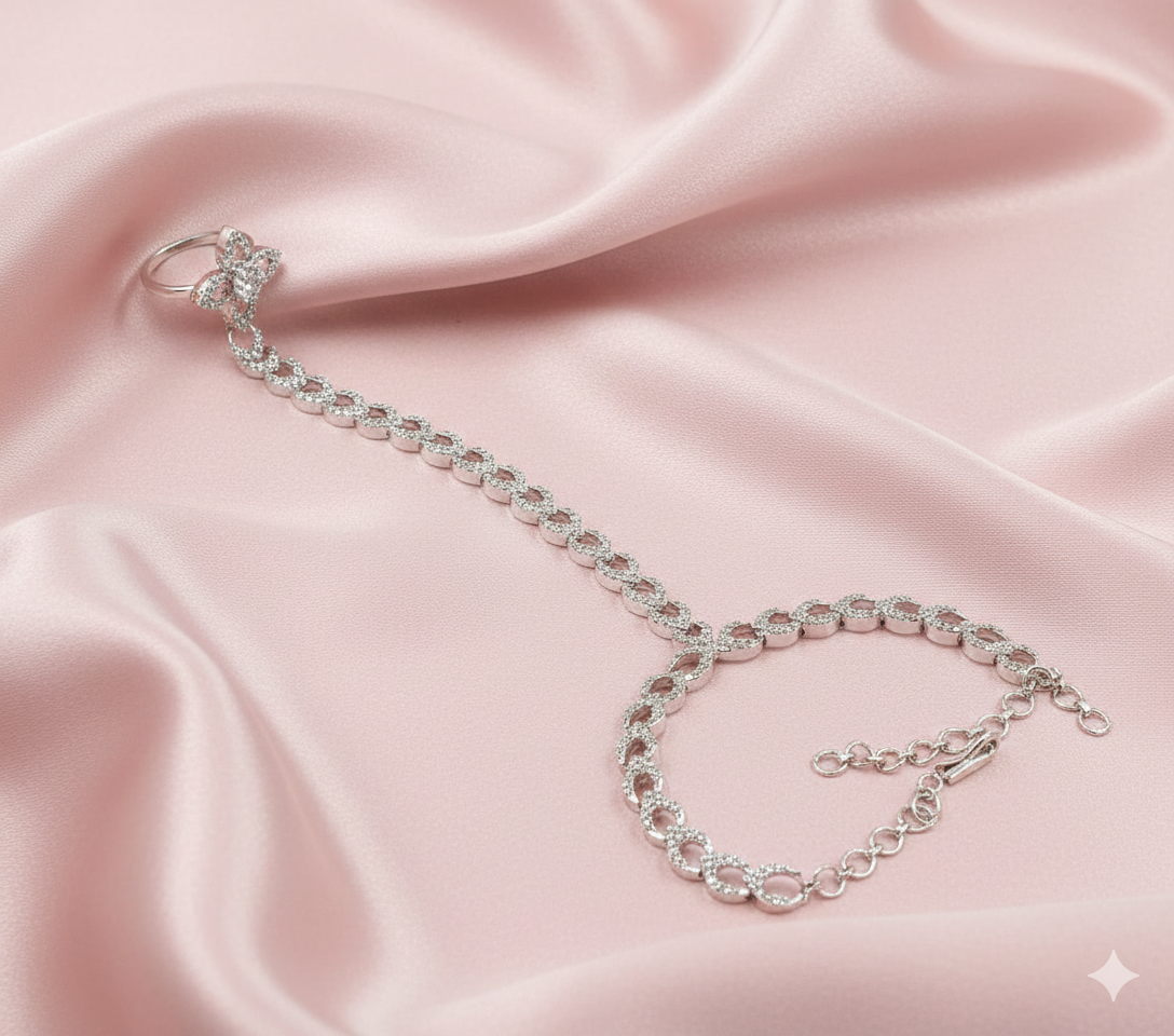 Elegant Silver-Plated AD Hathphool with Floral Ring