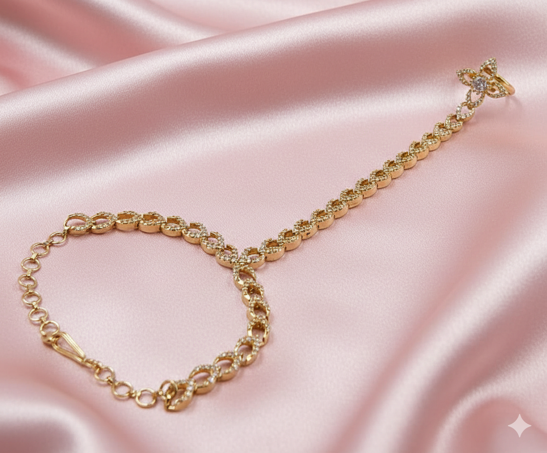 Radiant Gold-Plated AD Hathphool with Floral Ring