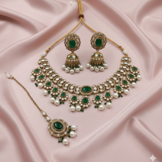 Royal Emerald Mehandi Polish Choker Set with Jhumkas & Maang Tikka
