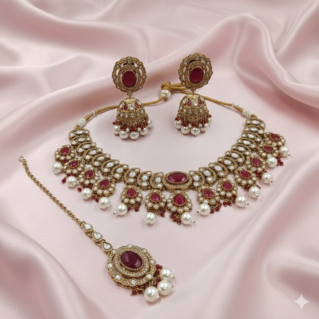 Royal Ruby Mehandi Polish Choker Set with Jhumkas & Maang Tikka