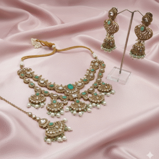 A regal antique gold choker set featuring deep emerald green stones and intricate Kundan-style crystal work