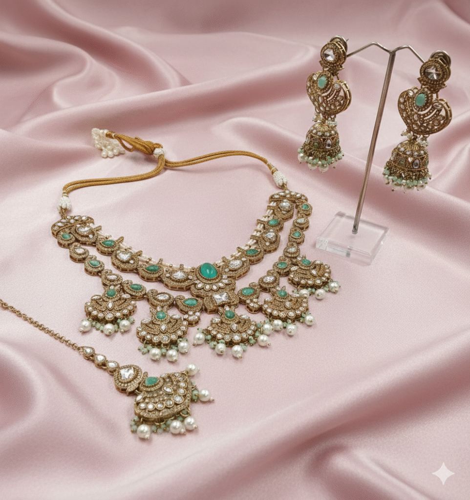 A regal antique gold choker set featuring deep emerald green stones and intricate Kundan-style crystal work