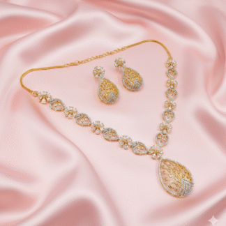 Regal Gold & Silver Filigree Teardrop AD Necklace Set
