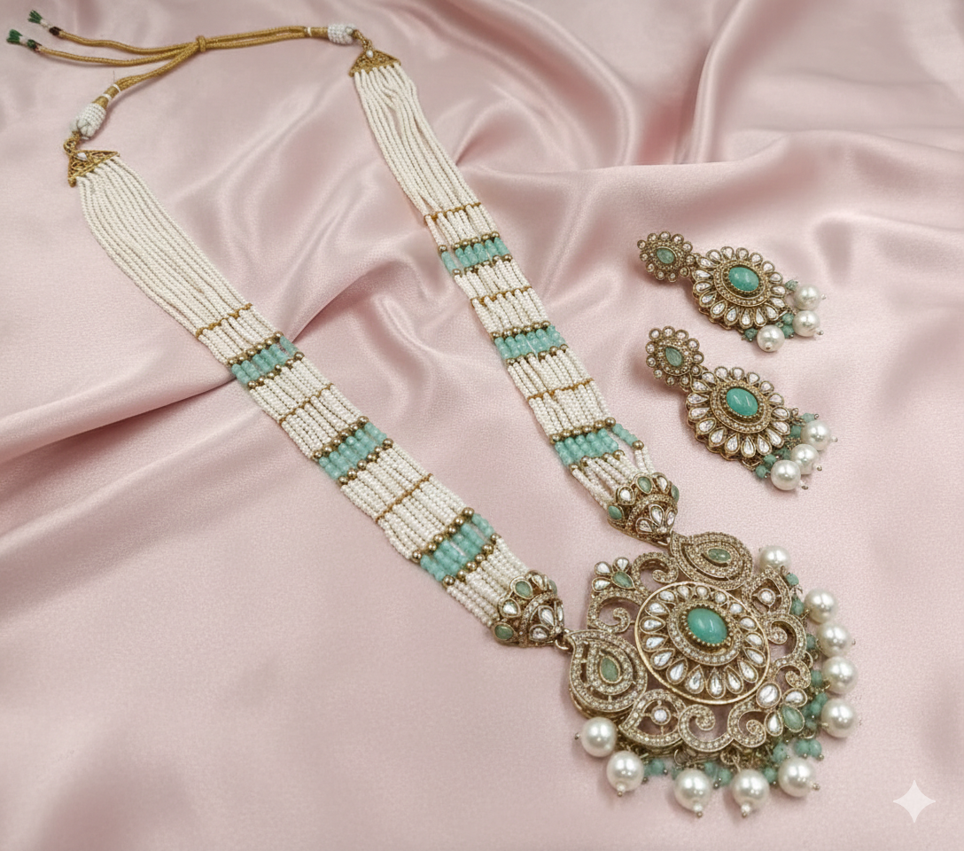 Aavya Mehandi Polish Mint Green Pearl Long Set