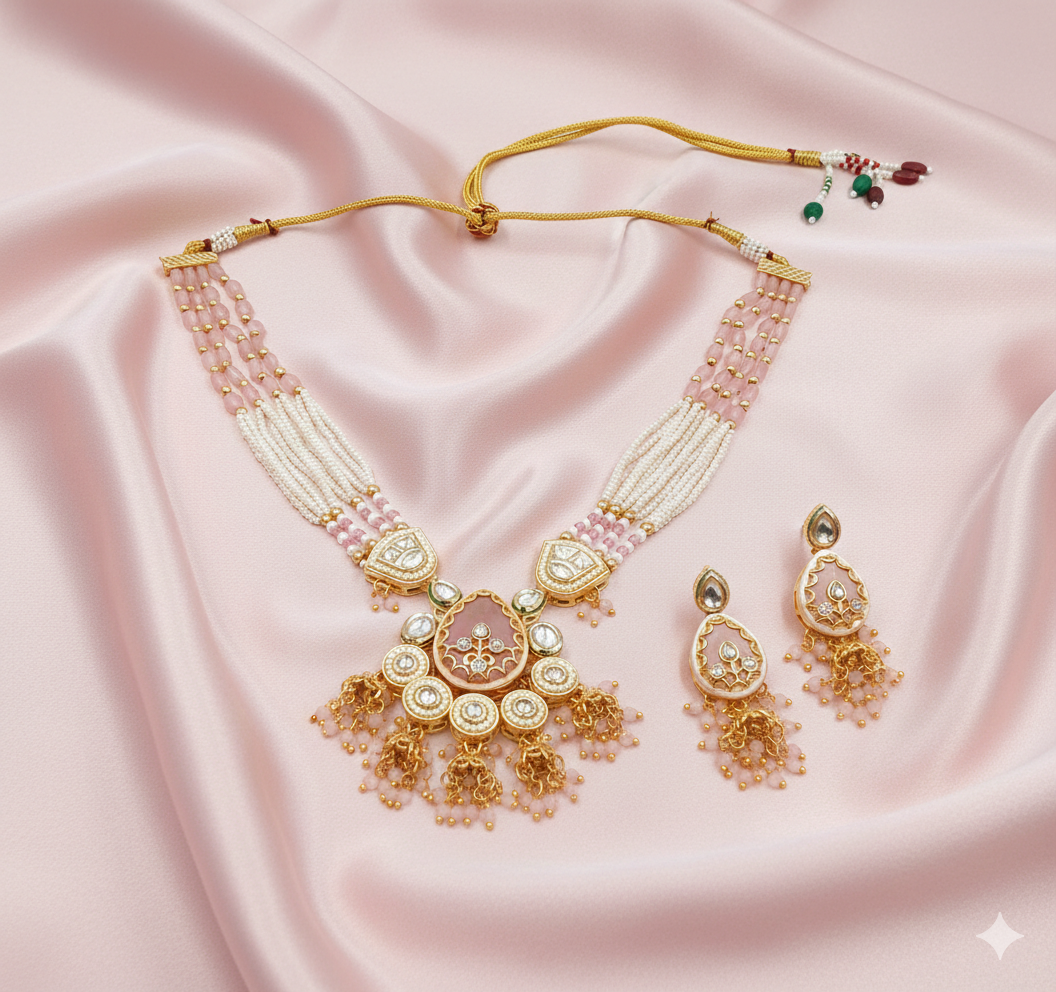 Elegant Blush Pink Kundan & Pearl Meenakari Necklace Set