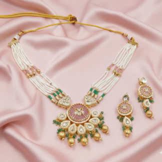 Elegant Blush Pink Kundan & Pearl Meenakari Necklace Set