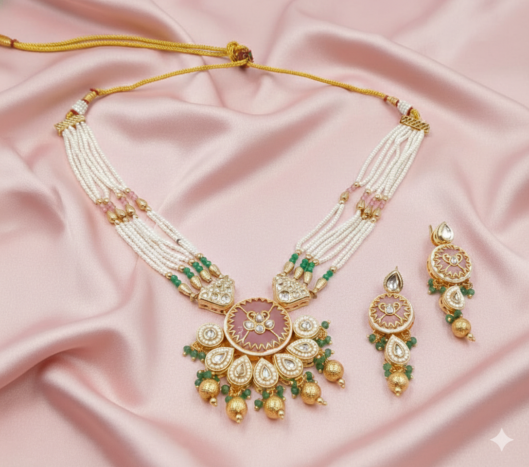 Elegant Blush Pink Kundan & Pearl Meenakari Necklace Set