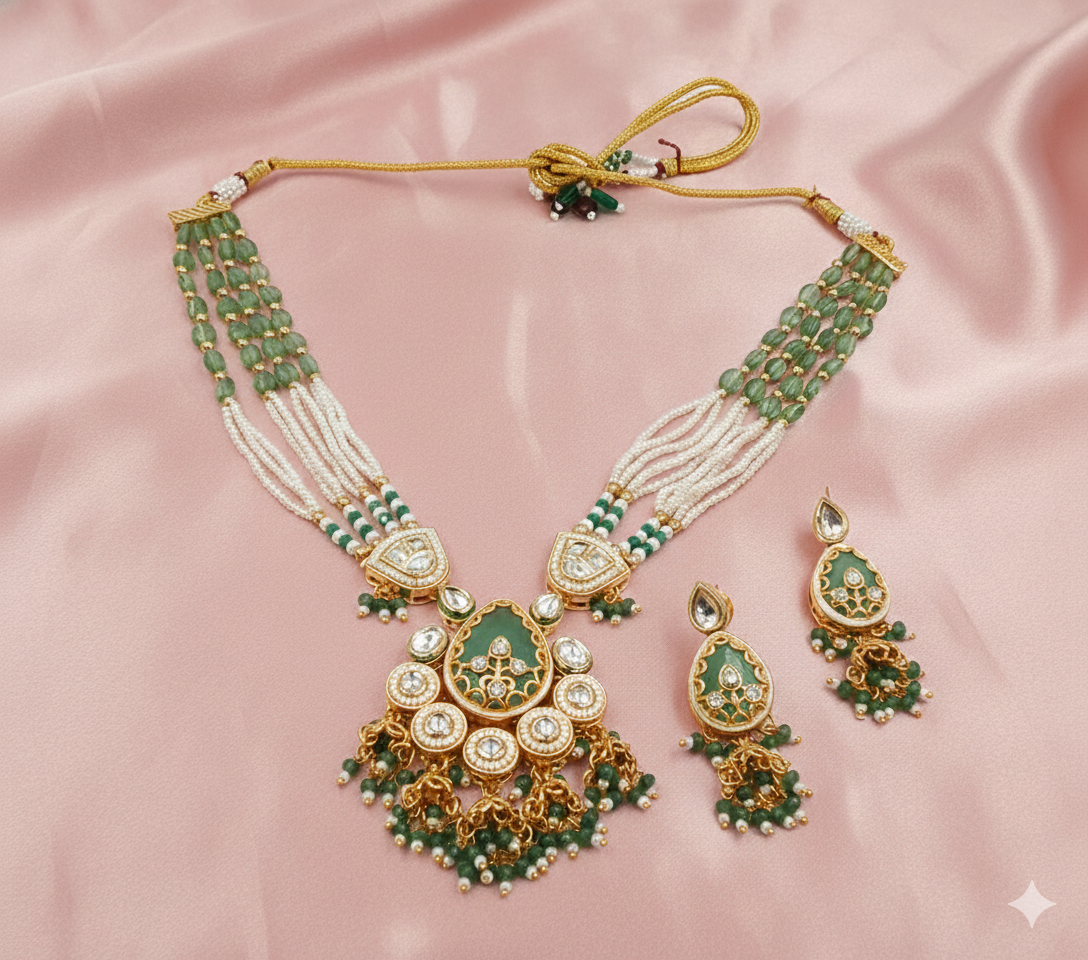 Elegant Rose Quartz & Pearl Kundan Meenakari Set