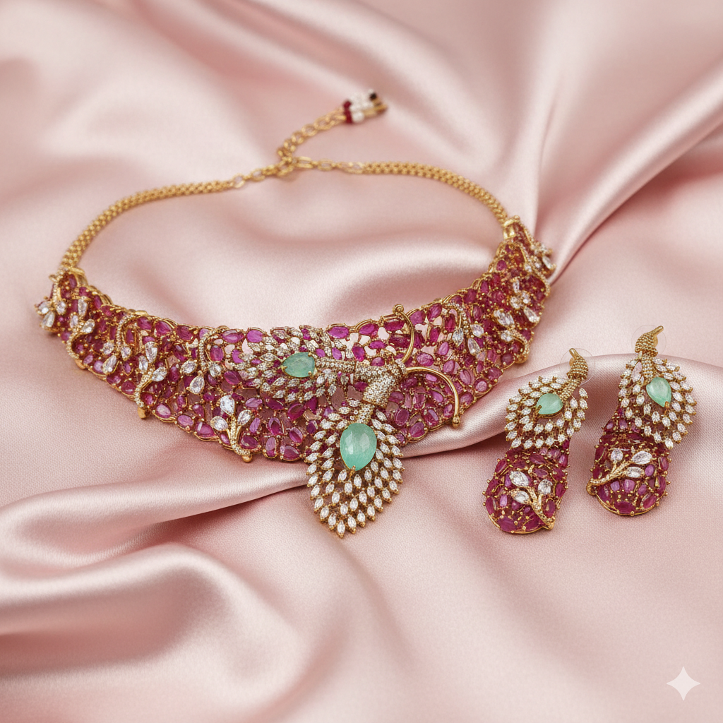 Moissanite Emerald & Rose Ruby Grandeur Necklace Set