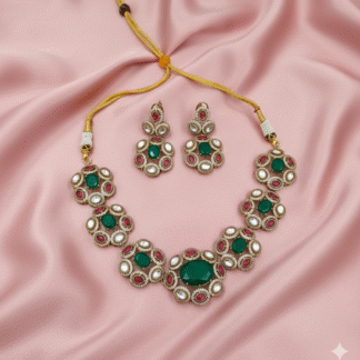 Emerald Green & Ruby Red Moissanite Polki Necklace Set