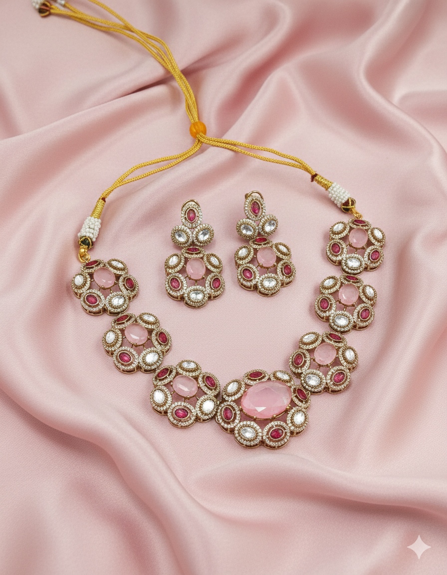 Royal Crimson Ruby & Moissanite Polki Necklace Set