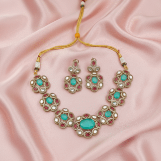 Royal Crimson Ruby Moissanite Polki Necklace Set