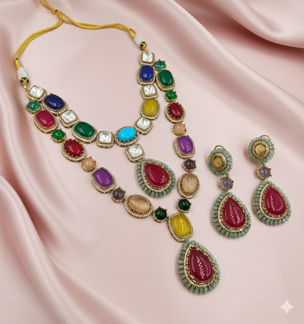 Royal Emerald & Ruby Moissanite Polki Set