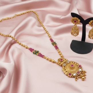 Elegant Gold-Plated Ranihaar with Emerald Green Floral Pendant