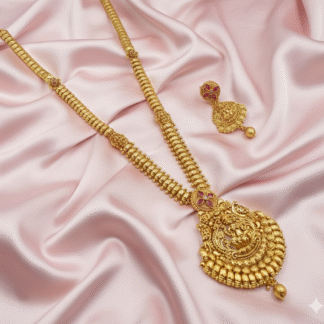 Heritage Gold-Plated Radha Krishna Motif Necklace and Earrings (9 words)